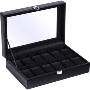 Watch Box Organizer 12 Slot PU Leather Glass Lid Display Case for Jewelry